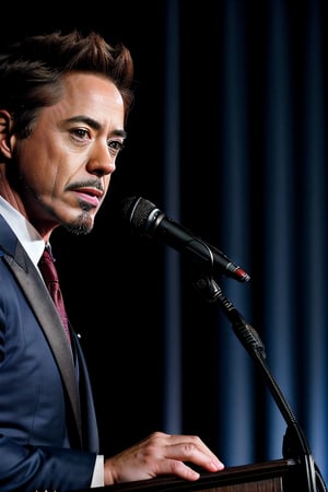 Robert Downey Jr. giving a speech at a charity event, inspiring, generous, eloquent, handsome, blue, compact camera, zoom lens, night, 20 feet, documentary shot, by Peter Parker.