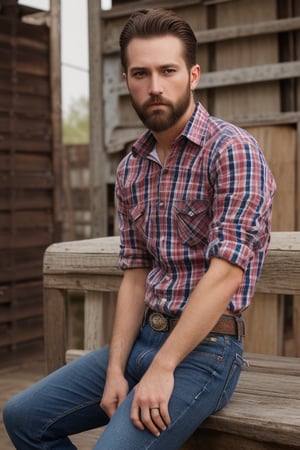 Short hair, thin eyebrow , iris eyes , perfect nose , perfect ear , perfect lips , beard without moustache, skinny body,  red check shirt , blue jeans , cowboy boots, photorealistic, cinematic, high resolution, 