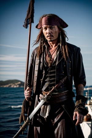 Johnny depp as captain jack sparrow in a ship, leader, holding_sword, realistic, sunny day, canon photography 30mm, cinematic 