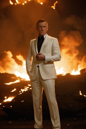 James bond costume , medium hair , clean shave , holding pistol , standing infront of a explosion 