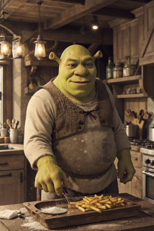 Fairy tale  . Magical, fantastical, enchanting, storybook style, highly detailed, SaltBaeMeme,  sunglasses, Shrek in a rustic kitchen sprinkling salt in a tray with pork chops and french fries