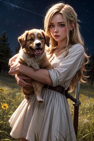 Best Quality, Maiden, Forest, Starry Sky, Dreamy, Two-dimensional, Dog Leading, White Clothes, Gems, Carrying a Sword, 2K Quality