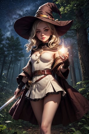 Best Quality, Witch, Girl, Forest, Hat, Starry Sky, Glowing aura around the Girl, Tunic Mini Skirt, White Clothes, Gems, Carrying Sword, 2K Quality