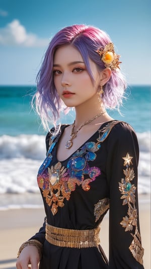 (masterpiece, top quality, best quality, official art, beautiful and aesthetic:1.2), (1girl), extreme detailed,colorful hair,highest detailed, detailed_eyes, light_particles, jewelry,beach,




