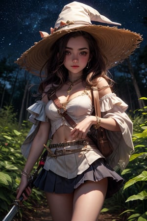 Best Quality, Witch, Girl, Forest, Hat, Starry Sky, Glowing aura around the Girl, Tunic Mini Skirt, White Clothes, Gems, Carrying Sword, 2K Quality