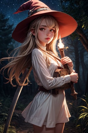 Best Quality, Witch, Girl, Forest, Hat, Starry Sky, Glowing aura around the Girl, Tunic Mini Skirt, White Clothes, Gems, Carrying Sword, 2K Quality