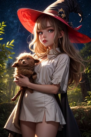 Best Quality, Witch, Girl, Forest, Hat, Starry Sky, Glowing aura around the Girl, Tunic Mini Skirt, White Clothes, Gems, Carrying Sword, 2K Quality