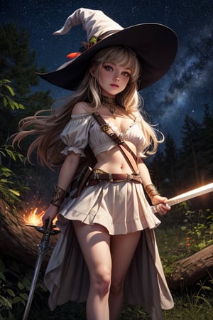 Best Quality, Witch, Girl, Forest, Hat, Starry Sky, Glowing aura around the Girl, Tunic Mini Skirt, White Clothes, Gems, Carrying Sword, 2K Quality