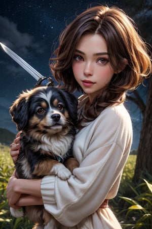 Best Quality, Maiden, Forest, Starry Sky, Dreamy, Two-dimensional, Dog Leading, Lhasa Apso, White Clothes, Gems, Carrying a Sword, 2K Quality