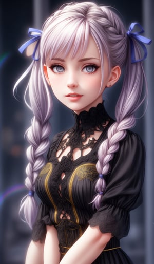 Ultra realistic nordic girl,beautiful grey eyes,superbly crafted braided hairstyles,amazingly intricate braids woven with riibbons,7 colorful hair colors,each braided twintails painstakingly created and decorated with delicate ribbons and accessories.,aesthetic,Rainbow haired girl ,Realistic gray Eyes,flat chested,1 girl