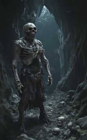 a dungeon inside a cave(((skulls on the ground,))), Motor Unreal Bloodborne 5, cinematic, color grading, photograph de retrato, Ultra-Grande Angular, Depth of field, Hyperdetailed, beautifully color coded, insane details, Detalles intrincados, beautifully colored, Unreal Engine, cinematic, color grading, fotografia Editorial, photograph, photo shoot, fotografado na lente de 70mm, Depth of field, degrees of freedom, Tilt blur, shutter speed 1/1000, f/22. UHD, Masterpiece, Accurate, Super detail, high details, high quality, Award Winning, best quality, highres, 1080P, HD, 16K,ABMhauntedVibe,Fantasy detailers,concept_art