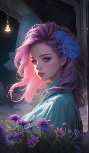 Teen girl with cornflowerblue long faux hawk hair, Hyperrealistic in a train carriage detailed with blooming flowers,ethereal cloud animals with shimmering outlines,passengers gazing in awe,vast sky with swirling galaxies,cosmic colors (purples, blues, pinks),dramatic lighting,mystical atmosphere
,Expressive,concept art,dark theme,Mysticstyle,midjourney