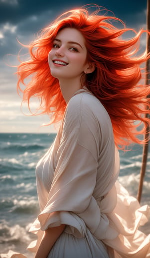 In the given scene, there is a young woman with vibrant flowing red hair, She's wearing cute flowing clothes that contrast nicely with the backdrop, The location appears to be outdoors, where it's super windy, adding a sense of motion and energy to the photo, Despite the threatening appearance of the stormy country background, she seems unbothered and smiling, Her eyes are locked onto something in the distance above, looking up, possibly hinting at an upcoming event or encounter, She has an auric hue around her, giving her an ethereal, otherworldly quality, Overall, this is a sensual and captivating image,  2.5d, realistic, , (&:0),midjourney,1 girl