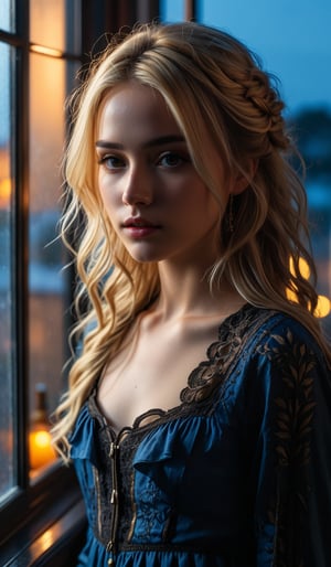 4k, 8k, ultra highres, raw photo in hdr, sharp focus, intricate texture, skin imperfections, realistic, detailed facial features, highly detailed face, posing,dark lighting,night time,((night)),window,moonlit face,low lighting,long hair,(blonde hair),standing,rear view, full body,dark room
,midjourney,mansion,emo,Enhance