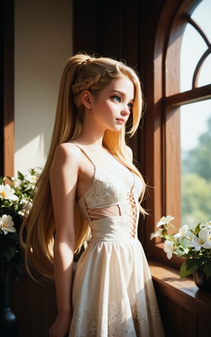 score_9, score_8_up, score_7_up, score_6_up, score_5_up, score_4_up, woman in laced dress, with extremely long ponytail, blonde hair with highlights, very cute face, very detailed big eyes,standing at the window, flowers outside, Expressiveh