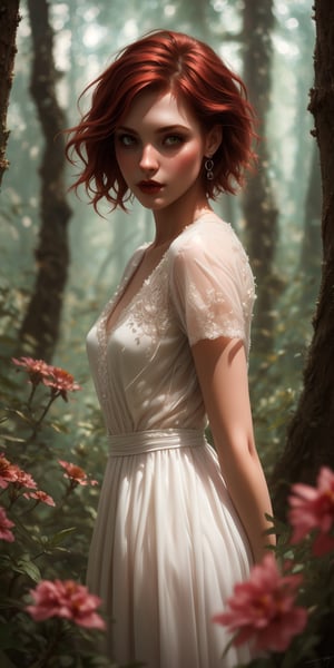 (elegant, beautiful face), upper body portrait, transparent white dress, forest moss, gothic makeup, flowers field, curly red hair, posing ketch of woman, cute nord tomboy, magical atmosphere, ((short hair)), (detailed skin, skin texture), (intricately detailed, fine details, hyperdetailed), raytracing, subsurface scattering, (fantasy underworld on background), diffused soft lighting, shallow depth of field, by (Oliver Wetter), sharp focus bokeh, (photo quality:1.4), beautyniji