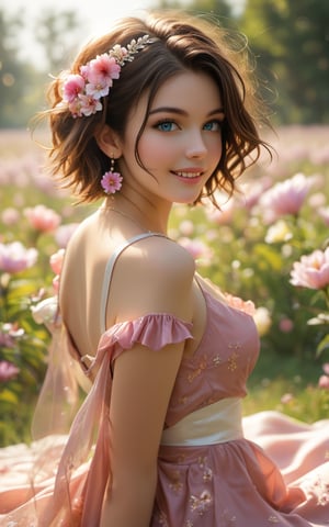 symmetrical, high quality, highres, absurdres, ((masterpiece, best quality)), (((masterpiece, best_quality, highest quality))), light blue eyes, (perfect detail, perfect skin:1.2),extremely detailed 8K wallpaper, solo, beautiful woman, beautiful brown hair, short hair, happy, wearing a pink silk dress, (sitting in lavender field), spring, flowers, soft lighting, full body, hyper realistic dynamic 35mm photo, depth of field, motion blur , Expressiveh,concept art, score_6
