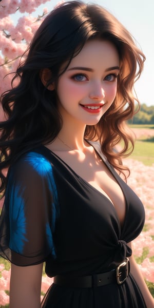 a close up of an ultra hot gorgeous European woman, Fertile Spring morn dawns, She and nature intertwined, Celebrating life, smile, happy, joyful, (portrait photo:1.3), adult woman, 18 year old female, medium breasts,tie dyed chiffon dress, belt, (long black wavy hair:1.2), cinematic, dramatic, 4k, beautyniji