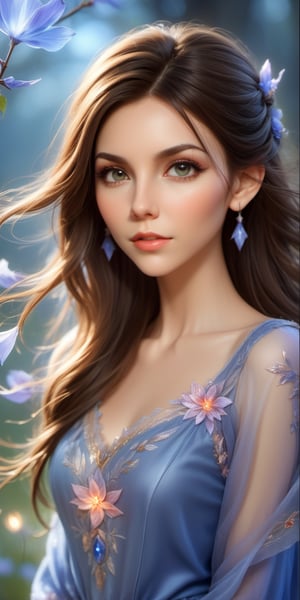 (masterpiece, best quality, highly detailed:1.2), portrait of beautiful broken-hearted elf with graceful poise, (looking at viewer),  macabre dance, wearing cobalt, peach, periwinkle, wizard embroidered robes, in foreboding silence haunting meadow with ethereal fireflies, sweet perfume, sudden silence, upper body portrait, colorful forest background, detailed background,midjourney,natalee,JenniferloveHewitt,3d toon style,3d style,DonMB4nsh33XL ,victoria_justice