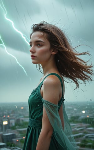 score_9, score_8_up, score_7_up, rating_questionable, young woman wearing a long green empire style dress ,wind blown hair, (masterpiece, best quality, highly detailed, realistic), at the oceanside, Storm, wet skin, windy, vibrant colors, sideview, futuristic, calmstyle,fflixmj6