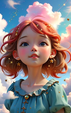 3D anime screencap, serene land in a mystical cloudscape, intricate details, vibrant colors, ethereal lighting, glowing accents, soft natural lighting, ethereal glow, detailed background, dreamy atmosphere, realistic shadows, fine details in fur and clouds, ultra-quality, magical elements, joyful expression, beautiful girl, closed eyes, head up, enchanting setting, swirling clouds, floating stars, whimsical composition, calm ambiance, delicate line work, chibi, oil and watercolor painting,realistic,fflixmj6