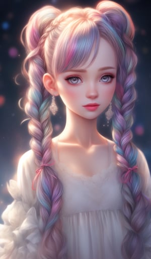 Ultra realistic nordic girl,beautiful grey eyes,superbly crafted braided hairstyles,amazingly intricate braids woven with riibbons,7 colorful hair colors,each braided twintails painstakingly created and decorated with delicate ribbons and accessories.,aesthetic,Rainbow haired girl ,Realistic gray Eyes,flat chested,1 girl