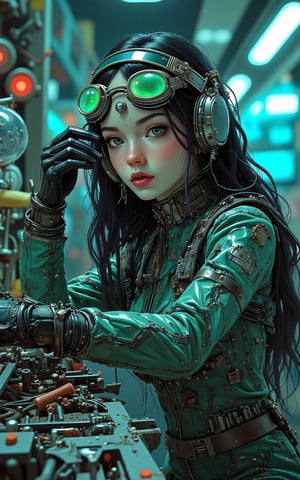 1girl, cyborg, 18 years old, beautiful, Perfect face, surrounded by technology, working on fixing her arm, open circuitry, sitting in a robot repair workshop, a beautiful girl, long black hair, green eyes, pouty lips, wearing a spacesuit, wearing goggles on her forehead, wiping her brow with her hand, space mechanic, mechanic, lots of wires and technology, repairing a robot, looking at viewer, neon lights, dynamic angle, dynamic lighting, very high contrast,cutegirlmix,Mecha