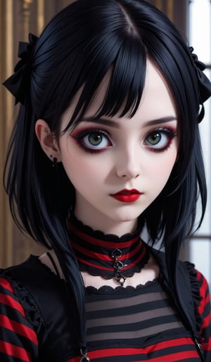 arafed woman with a black and red striped top and a black, upper body shot, 18 - year - old goth girl, goth girl, gothic horror vibes, goth vibe, goth girl aesthetic, pale goth beauty, grey eyes, 18 - year - old anime goth girl, goth aesthetic, dark goth queen, very beautiful goth top model, gothcore, goth woman, 
,midjourney,mansion, large-eyed ,3d toon style
