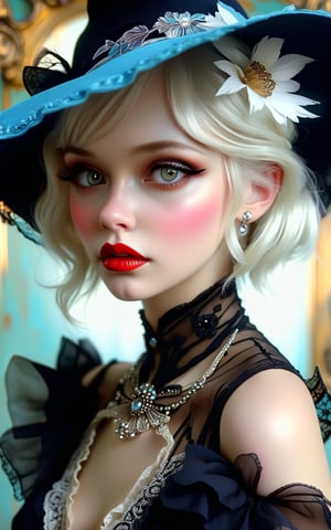 extraordinarily beautiful, babe, platinum blonde, modern girl ,dressing vintage Halloween Ball Gown, 1920s style clothing , imaginatively 20's stylized dress, super hat, , magical, alluring, sultry, full-length, female-body, hazel-eyes, eye catching, bright, OverallDetail, Magical beautiful background fantasy, perfect face and eyes, hyper-detailed hypermaximalist dynamic style