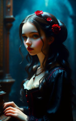Dark moody atmosphere, dramatic, (mysterious dark mansion), dark moody atmosphere, (masterpiece, best quality 1.4), in the style of nicola samori, superbly drawn eerie picture. mark ryden, hyper-realistic, hyper-detailed, airbrushing, computer rendering. greg rutkowski. girl in a gothic costume with dark long wavy hair, oil painting, heavy brush strokes, dripping paint unreal engine 3d; symbolism; colorful; polished; difficult; uhd; d3d; 16k", full color low contrast painting, soft cinematic light, exposure blending, hdr, front, watercolor, artstation trends, sharp focus, studio photography, intricate details, high detail, greg rutkowski, dark dark scary mansion

