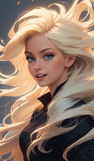 A stunning digital art piece featuring a female portrait rendered in realistic 3D illustration. The subject has captivating blue eyes and flowing blonde hair flowing and blowing in wind. Soft lighting enhances her joyous expression, set against a dark background for contrast. She wears a classic black dress with subtle makeup, highlighting her features with high-resolution detail and textured depth. The composition evokes emotional depth and a dramatic mood, capturing her serene demeanor in a cinematic light,concept art,midjourney,1 girl,Mysticstyle