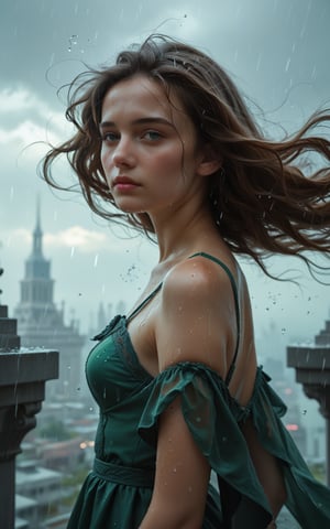 Expressiveh, score_9, score_8_up, score_7_up, rating_questionable, young woman wearing a long green empire style dress ,wind blown hair, (masterpiece, best quality, highly detailed, realistic), at the oceanside, Storm, wet skin, windy, vibrant colors, sideview, futuristic, calmstyle,fflixmj6