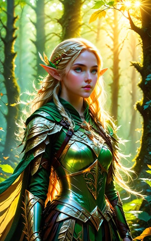 score_9, score_8_up, score_7_up, 1girl, mystical elf ranger, standing gracefully in a serene forest glade bathed in golden sunlight. She wears leaf-patterned armor, a cloak woven with natural fibers, and carries a bow and quiver of enchanted arrows. Her long blonde hair and piercing green eyes reflect her deep connection to the natural world as she listens intently to the sounds of the forest. The camera angle is a panoramic shot, capturing the tranquility of the woodland setting and emphasizing her role as guardian of the ancient forest , Expressiveh,concept art