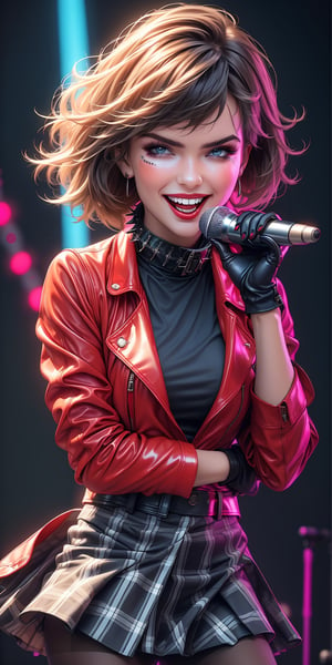 ((best quality)), ((highly detailed)), masterpiece,1girl, solo, smile, open mouth, big eyes, skirt, shirt, hair ornament, gloves, holding, jacket, upper_body, pantyhose, black gloves, hairclip, fingerless gloves, collar, two-tone hair, red shag hair, black jacket, plaid, black shirt, red skirt, plaid skirt with split, microphone, red nails, spikes, upper body, music, leather, holding microphone, singing, leather jacket ,(ruby rose:1.3),Epic Poses