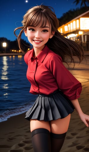 highres, ultra detailed, (1girl:1.3), (dynamic pose):1.0 upper body shot, BREAK, 1 extremely beautiful and glamorous girl walking in the park at night, wearing a white collard shirt and a short length pleated skirt, (knee high stockings), she has long wavy pony-tail hair style, small breasted, smile, happy, wind, 8 life size, detailed clothes, detailed body, detailed arms, human hands, detailed hands, upper body shot, hip focus, blush, light smile, looking the viewer, facing the viewer, staring the viewer, Lights are lit around the beach and stars are shining in the sky, studio soft light, cinematic light, detailed background, realistic, ultra-realistic, masterpiece, 32k ultra-sharp image,SAM YANG