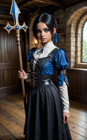 Tanned skin, 1girl, Blue Eyes, short messy black Hair, medieval, inside, Black and blue mage clothes, holding wooden staff

,photo_b00ster,emo
