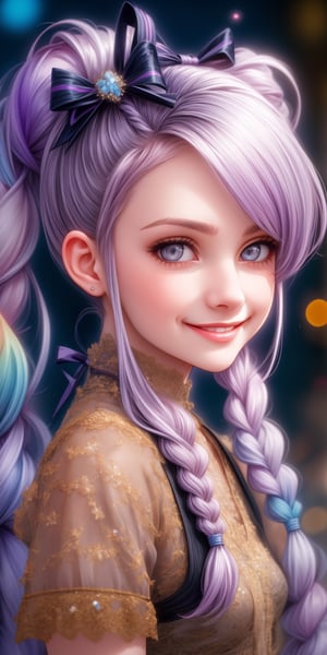 Ultra realistic nordic girl,beautiful grey eyes,smile, superbly crafted braided hairstyles,amazingly intricate braids woven with riibbons,7 colorful hair colors,each braided twintails painstakingly created and decorated with delicate ribbons and accessories.,aesthetic,Rainbow haired girl ,Realistic gray Eyes,flat chested,1 girl,midjourney