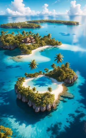 detailed landscape, small island, from above, bay, paradisiacal, sunny, blue sky, clouds, flat, beach, palm, bottomless water hole,long shot, from very high, masterpiece, best quality, very aesthetic, absurdres,concept art