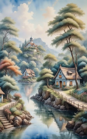 oil painting, The Island of Dreams, quaint village,34K uhd, masterpiece, high detail, 8k, intricate, detailed, high resolution, high res, high quality, highly detailed, Extremely high-resolution details, fine texture. gentle colors, watercolor, fluid brushstrokes, dreamy, ethereal, forest, soft light, delicate details, artistic elegance,illustr3alFlux