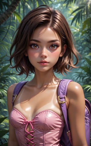 score_9, score_8_up, score_7_up, rating_explicit, ultra detailed, upper body portrait, beautiful 18yo Dora the explorer, grown up, young adult, sweet,blushing, brown hair, brown eyes, freckles, small perky breasts, tan lines,pink corset,   purple backpack, jungle, skindentation, concept art, shiny skin, pushed up,Expressiveh,1girl