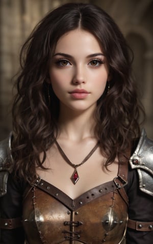 a beautiful female warrior, detailed face, piercing eyes, full lips, long eyelashes, tight-fitting outfit without neckline, metal shoulder pads with spikes, intricate armor, dramatic lighting, realistic, cinematic, dark fantasy, (in a castle parapit overlooking the valley), high detail, 8k, hyper detailed, masterpiece