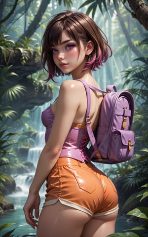 score_9, score_8_up, score_7_up, rating_explicit, ultra detailed, beautiful 18yo Dora the explorer, grown up, young adult, sweet,blushing, brown hair, freckles, small perky breasts,wide hips, curvy, round butt, pink corset,  orange cheeky shorts , purple backpack, jungle, skindentation, concept art, shiny skin, side view,Expressiveh,1girl