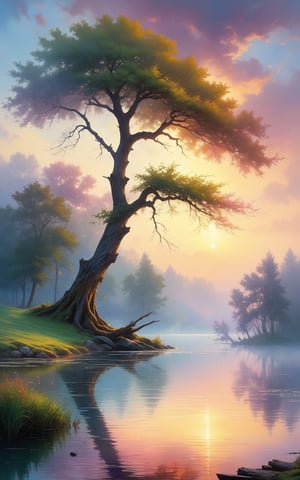 A lake covered by heavy mist and smoke. A tree stands near of the lake. Tree bends down to lake and its branches touches to the lake. Sky is cloudy. [romantic impressionism,dream scenery art,beautiful oil matte painting,romantic,style of thomas kinkade,beautiful digital painting,anime landscape,romantic painting,dreamlike digital painting,colorful painting,beautiful gorgeous digital art,style of greg rutkowski,janek sedlar,jenny saville:0]