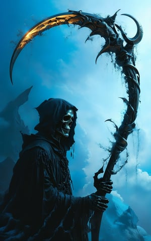 (masterpiece, best quality, hyper detailed, ultra realistic, 32k, RAW photo) (the grim reaper staring up:1.2), (blue gradient color scheme), holding scythe, realistic, perfect composition and chiaroscuro by Rembrandt, concept art, by Jarek Kubicki, (moon background)
,Expressiveh,concept art,dark theme