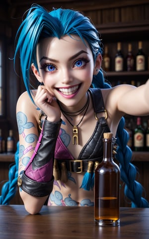 ((masterpiece))) , (((best quality))) , 3d anime style, 3d, well-built Jinx (alluring 1girl, solo, of Delight:1.1) , crazy smile, excited, she is cheeky, action pose, Two-Tone blue hair styled as swept with twin tails, key visual, cinematic perfect intricate stunning fine detail, quality, theatrical, highly intricate, glossy skin,upper body, sitting at a bar, empty bottles 

, Expressiveh,concept art,jinx (league of legends)