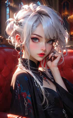 alternative goth girl, Beautiful young Japanese model,, bunch of jewelry, young, white hair, model, aesthetic photo, beautiful skin, pretty face, bangs, many rings, pale skin, realistic, grey eyes, black attire, intricate jewelry, creative ,red sofa, fancy chair, mansion, raw lighting, overexposed, harsh flash,Expressiveh