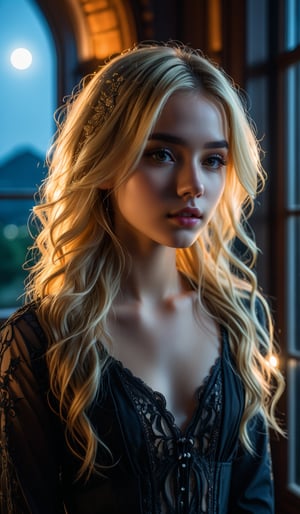 4k, 8k, ultra highres, raw photo in hdr, sharp focus, intricate texture, skin imperfections, realistic, detailed facial features, highly detailed face, posing,dark lighting,night time,((night)),window,moonlit face,low lighting,long hair,(blonde hair),standing,full body,dark room
,midjourney,mansion,emo,Enhance