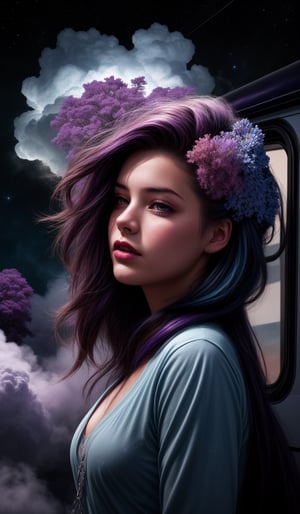 Teen girl with cornflowerblue long faux hawk hair, Hyperrealistic train carriage detailed with blooming flowers,ethereal cloud animals with shimmering outlines,passengers gazing in awe,vast sky with swirling galaxies,cosmic colors (purples, blues, pinks),dramatic lighting,mystical atmosphere
,Expressiveh,concept art,dark theme