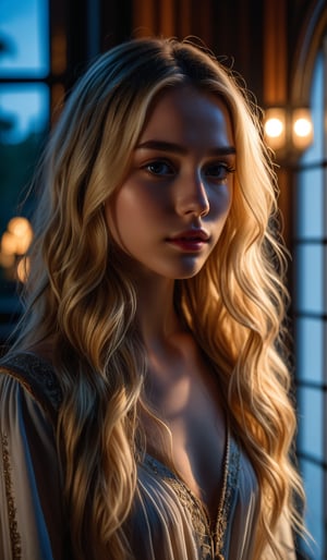 4k, 8k, ultra highres, raw photo in hdr, sharp focus, intricate texture, skin imperfections, realistic, detailed facial features, highly detailed face, posing,dark lighting,night time,((night)),window,moonlit,low lighting,long hair,(blonde hair),standing,full body,dark room
,midjourney,mansion