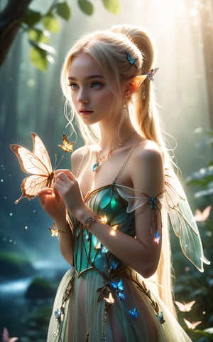 Masterpiece photo of a extremely beautiful 18yo girl, petite, small breasts, skinny, full body, eye contact, elf ears, long blonde hair, ponytail, transparent dress, fairy wings, jewelry, necklace, arm bracelets, kneeling, close-up, holding butterfly on her finger, ealistic, dynamic lighting, beautiful environment, (((looking at viewer))),   highly detailed, concept art, realistic high key, bright, cinematic , high budget , volumetric fog, light scattering
, ,large-eyed 